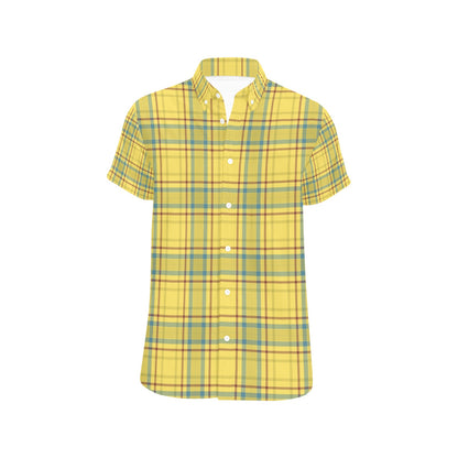 Tartan Yellow Print Design LKS301 Men Short Sleeve Button Up Shirt