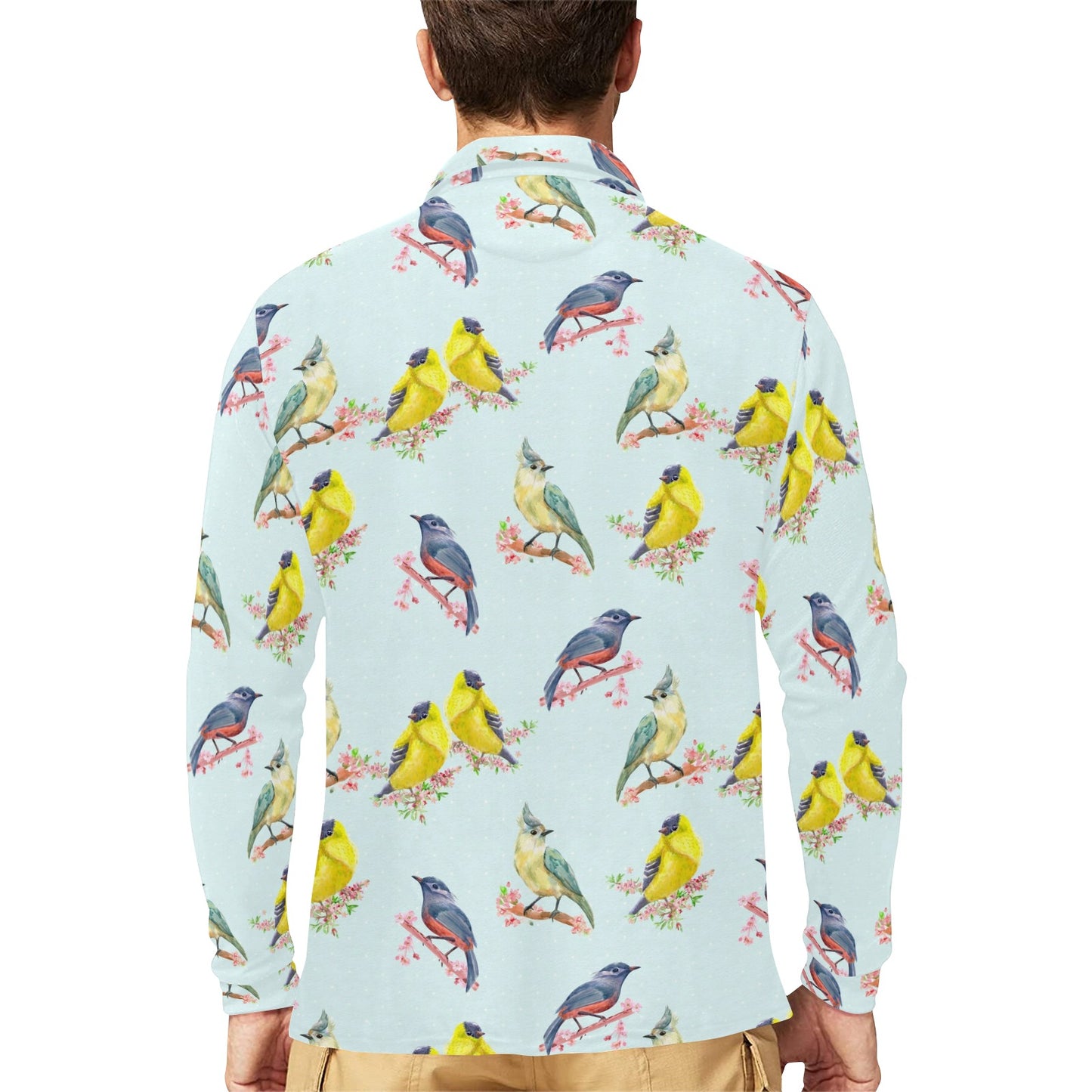 Bird Sweet Themed Print Pattern Long Sleeve Polo Shirt For Men's