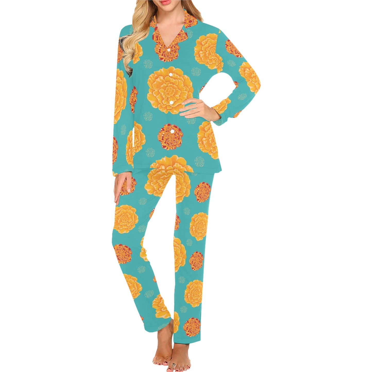 Marigold Pattern Print Design 02 Women's Long Pajama Set