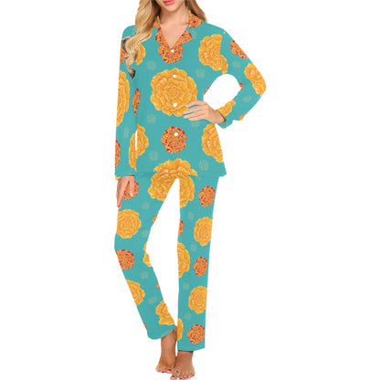 Marigold Pattern Print Design 02 Women's Long Pajama Set