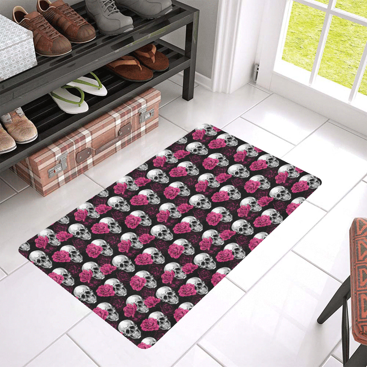Pink Rose Skull Themed Print Rubber Doormat