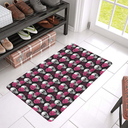 Pink Rose Skull Themed Print Rubber Doormat