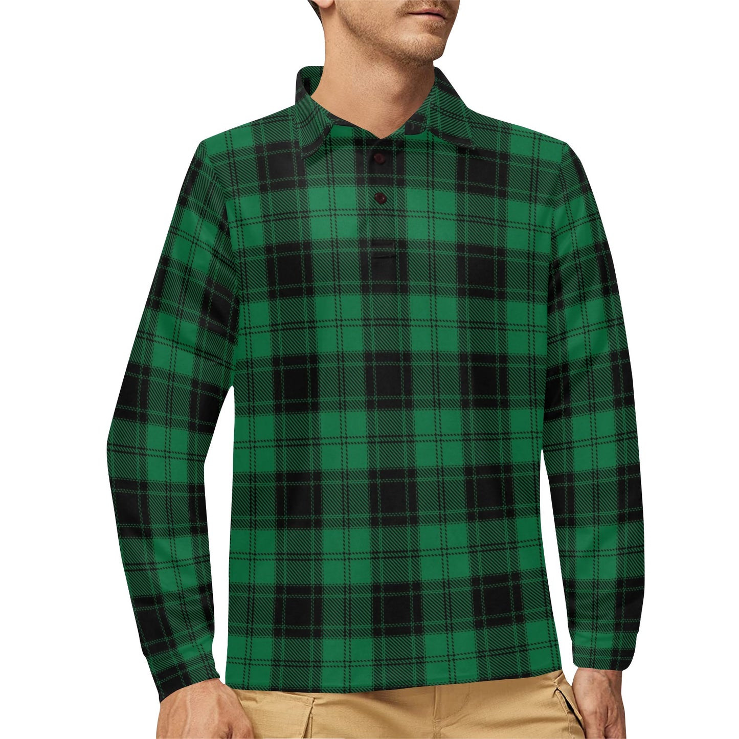 Tartan Green Print Design LKS302 Long Sleeve Polo Shirt For Men's