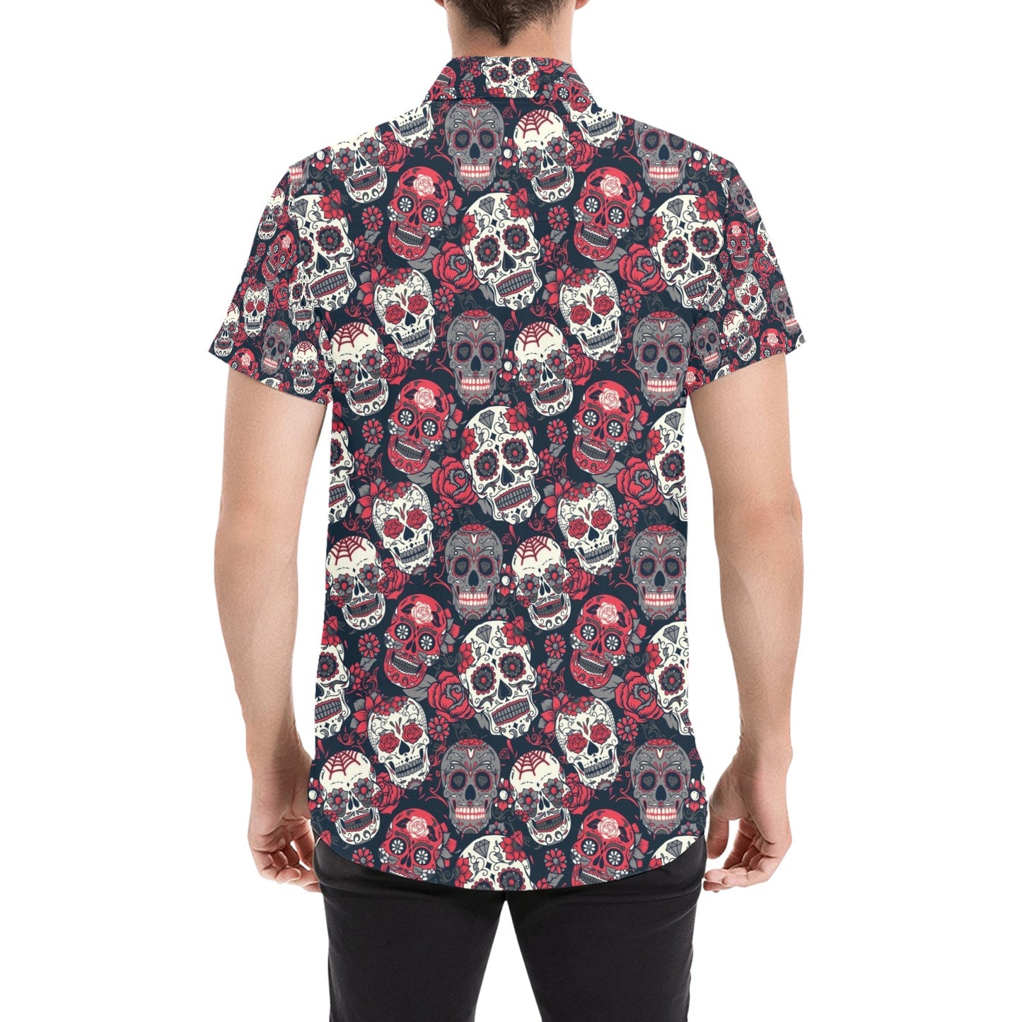 Sugar Skull Print Design LKS303 Men Short Sleeve Button Up Shirt