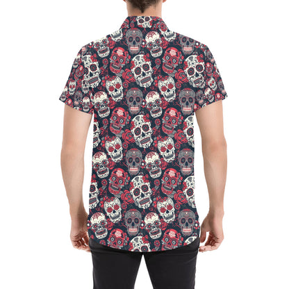 Sugar Skull Print Design LKS303 Men Short Sleeve Button Up Shirt