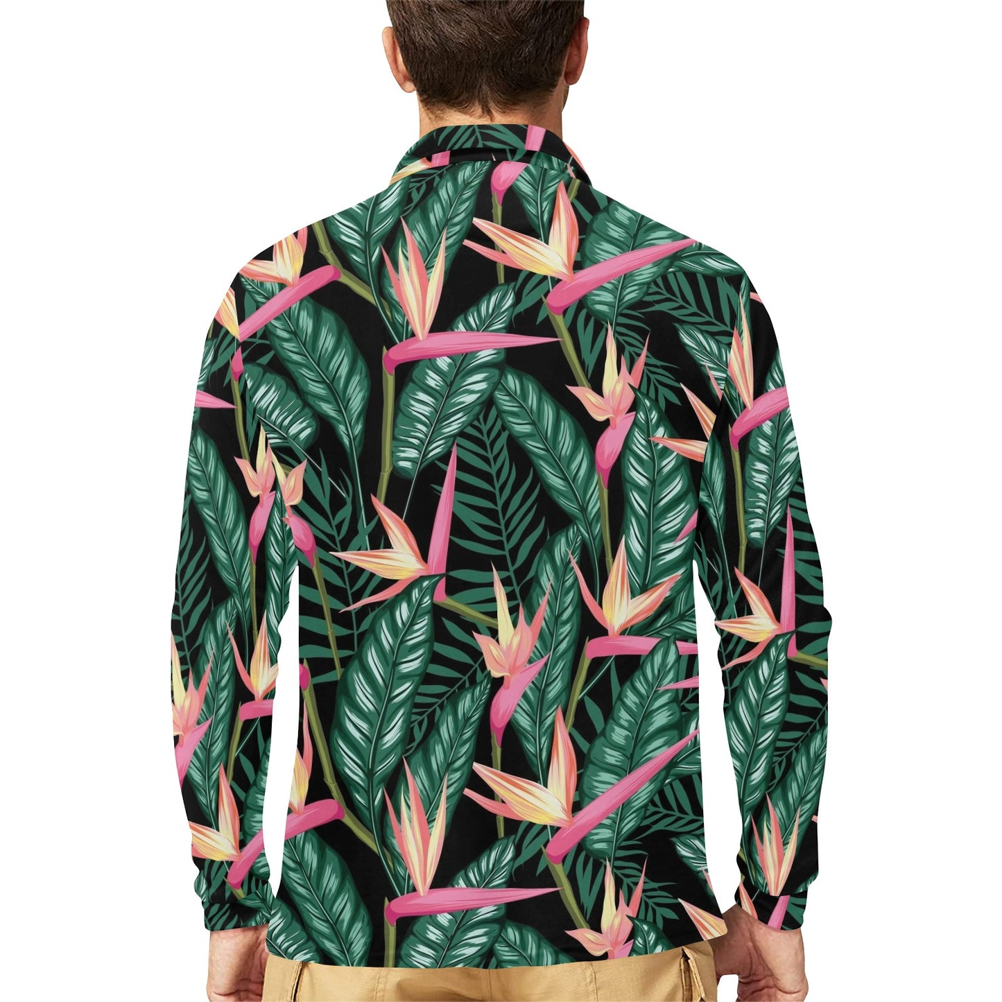 Bird Of Paradise Pattern Print Design BOP03 Long Sleeve Polo Shirt For Men's