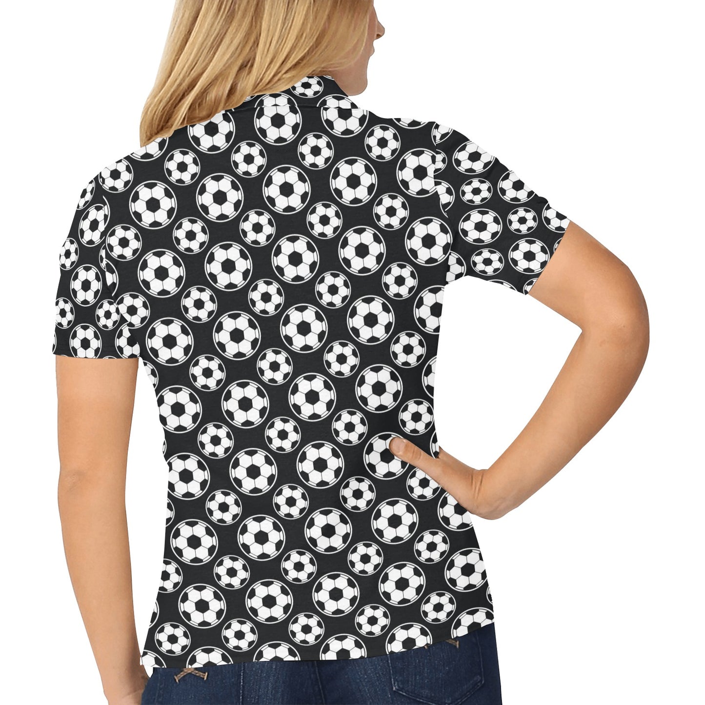 Soccer Ball Black Print Pattern Women's Polo Shirt