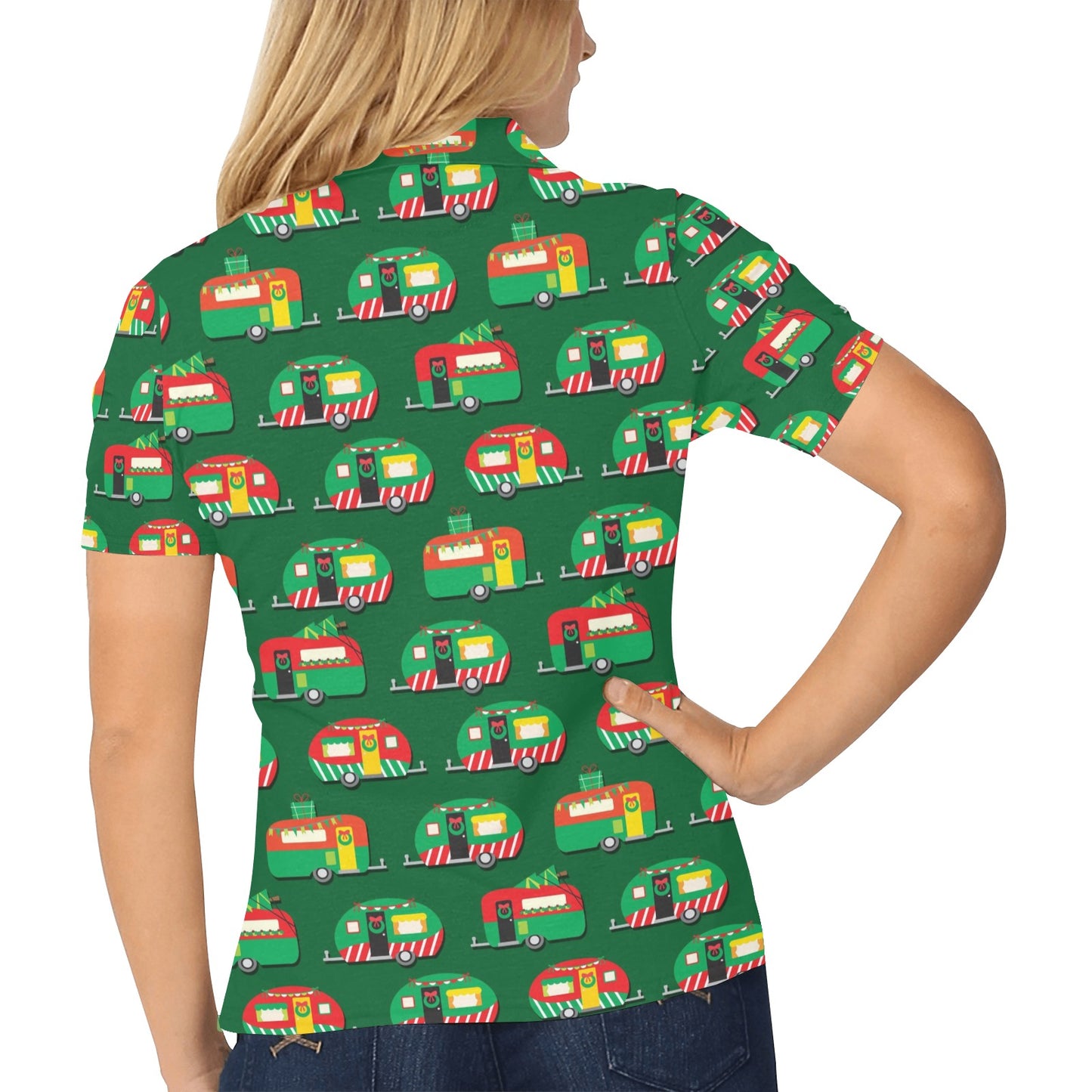 Camper Camping Christmas Themed Print Women's Polo Shirt