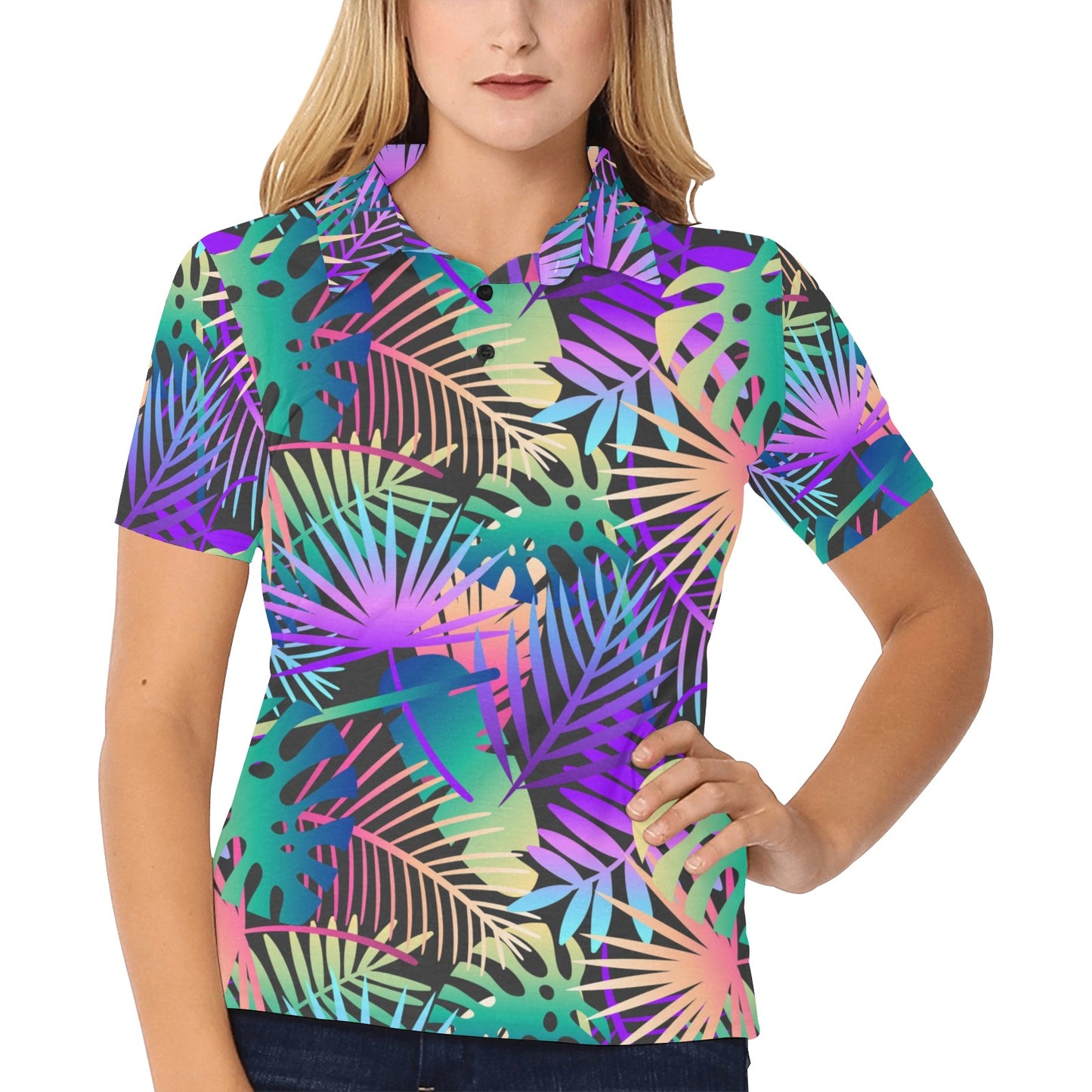 Neon Flower Tropical Palm Leaves Women's Polo Shirt