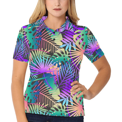 Neon Flower Tropical Palm Leaves Women's Polo Shirt