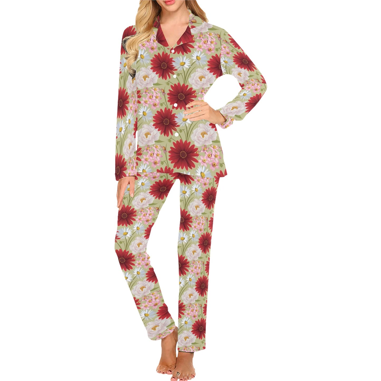 Gerberas Pattern Print Design GB07 Women's Long Pajama Set