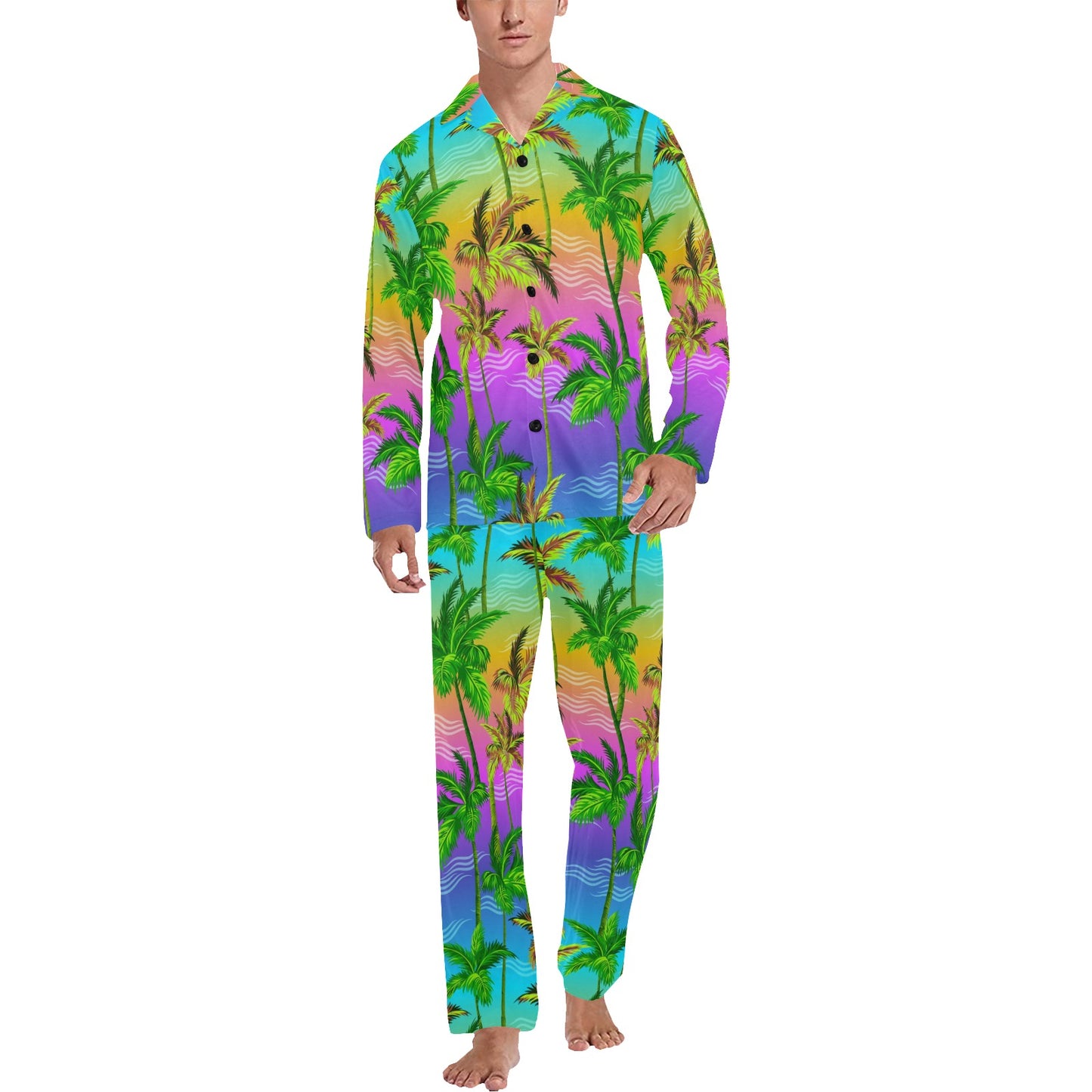 Palm Tree Rainbow Pattern Men's Long Pajama Set