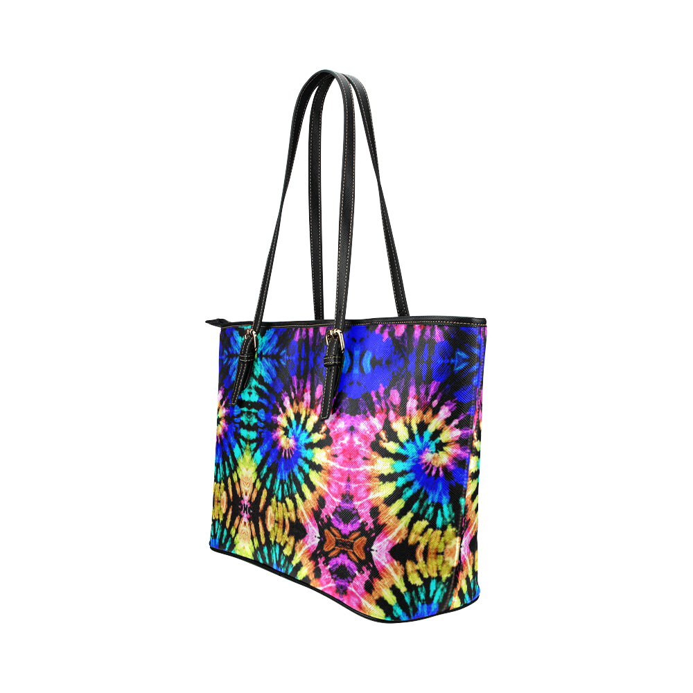 Tie Dye Rainbow Design Print Leather Tote Bag