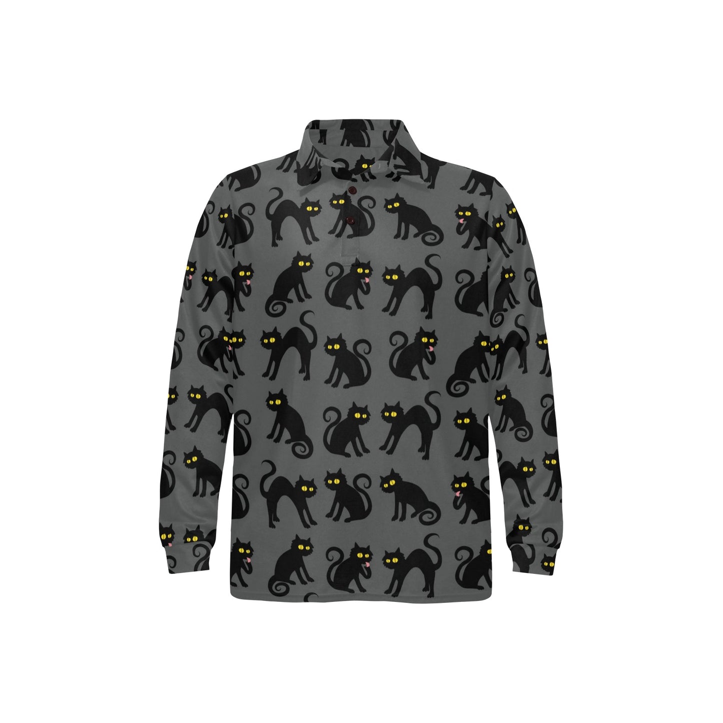 Black Cat Cute Print Pattern Long Sleeve Polo Shirt For Men's