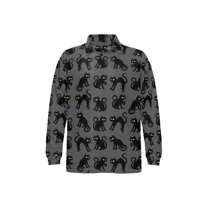 Black Cat Cute Print Pattern Long Sleeve Polo Shirt For Men's