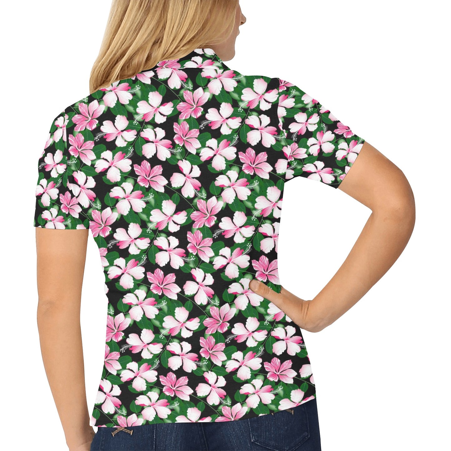 Hibiscus Pink Flower Hawaiian Print Women's Polo Shirt
