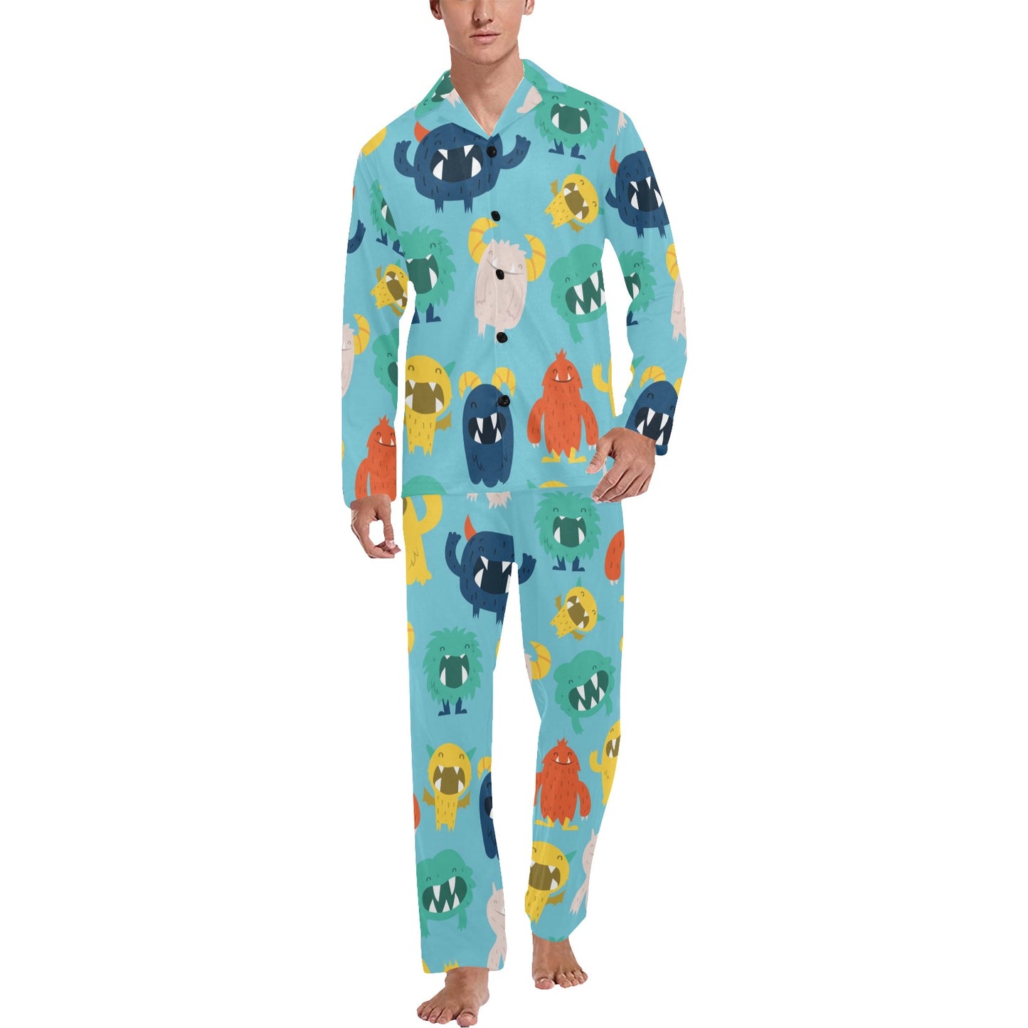 Monster Cartoon Pattern Print Design 03 Men's Long Pajama Set