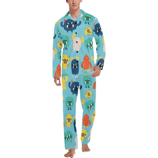Monster Cartoon Pattern Print Design 03 Men's Long Pajama Set