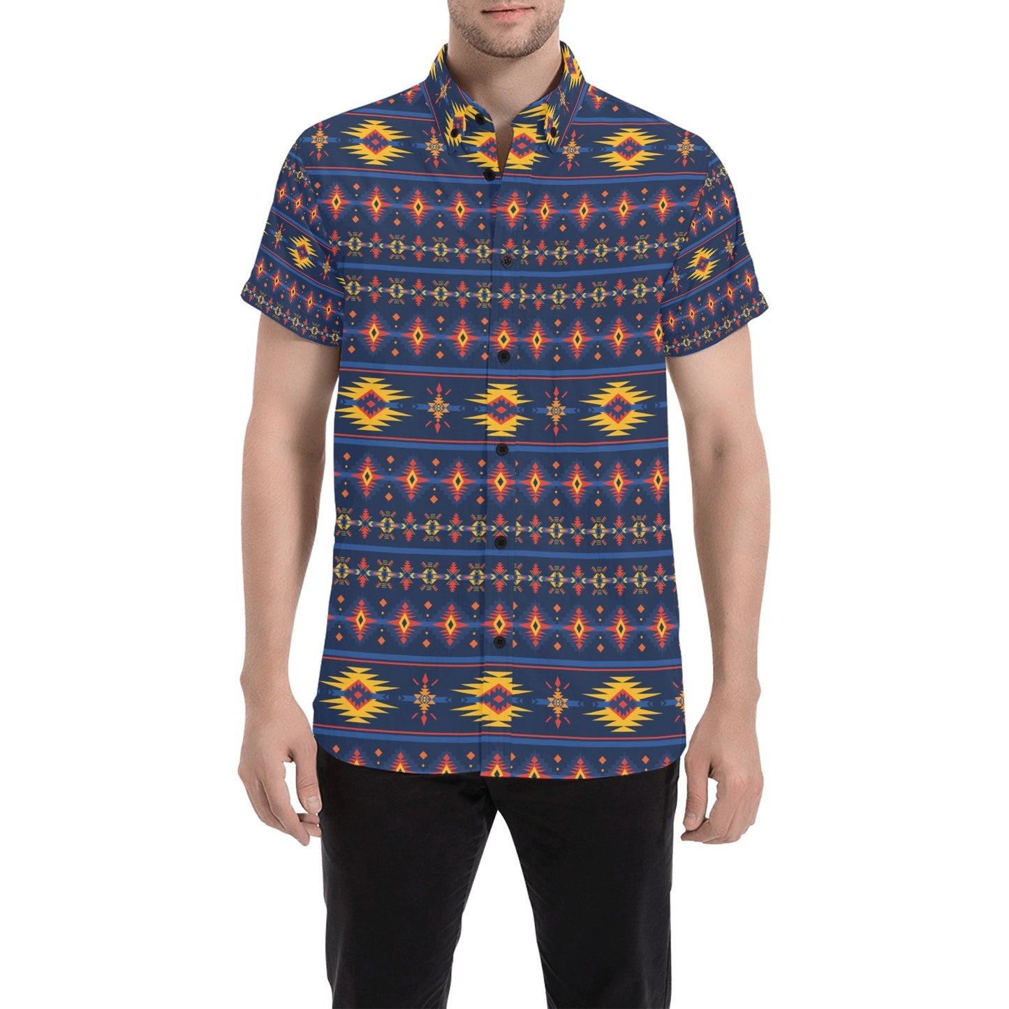 Southwest Pattern Print Design LKS306 Men Short Sleeve Button Up Shirt