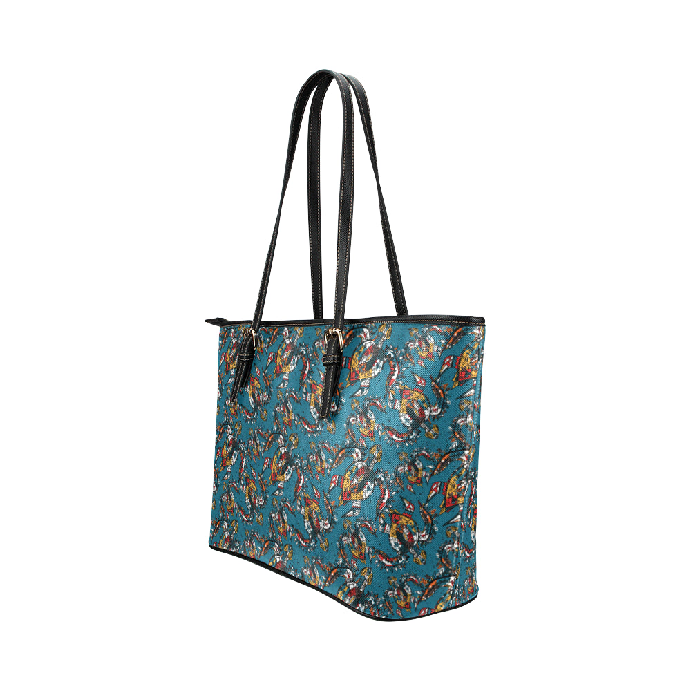 Sea Turtle Tribal Colorful Hand Drawn Leather Tote Bag
