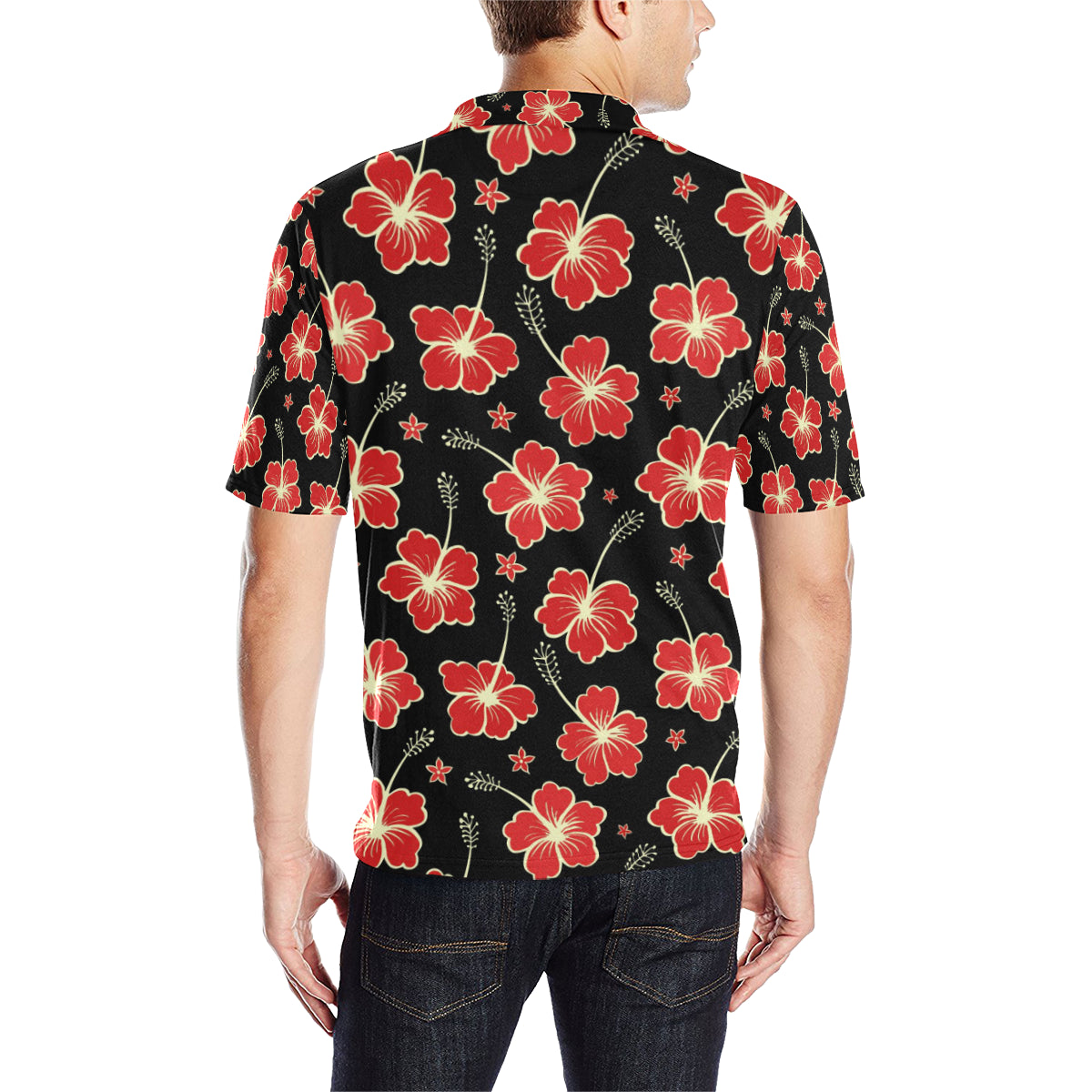 Red Hibiscus Pattern Print Design HB021 Men Polo Shirt