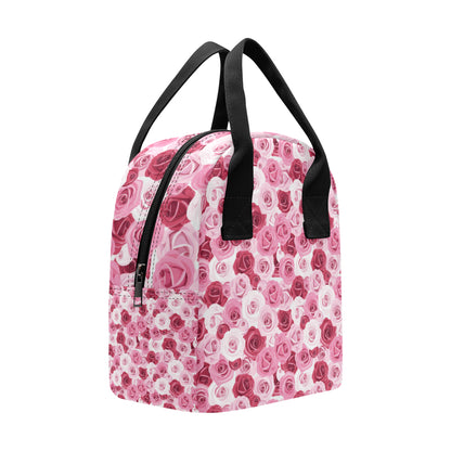 Pink Red Rose Pattern Print Insulated Lunch Bag