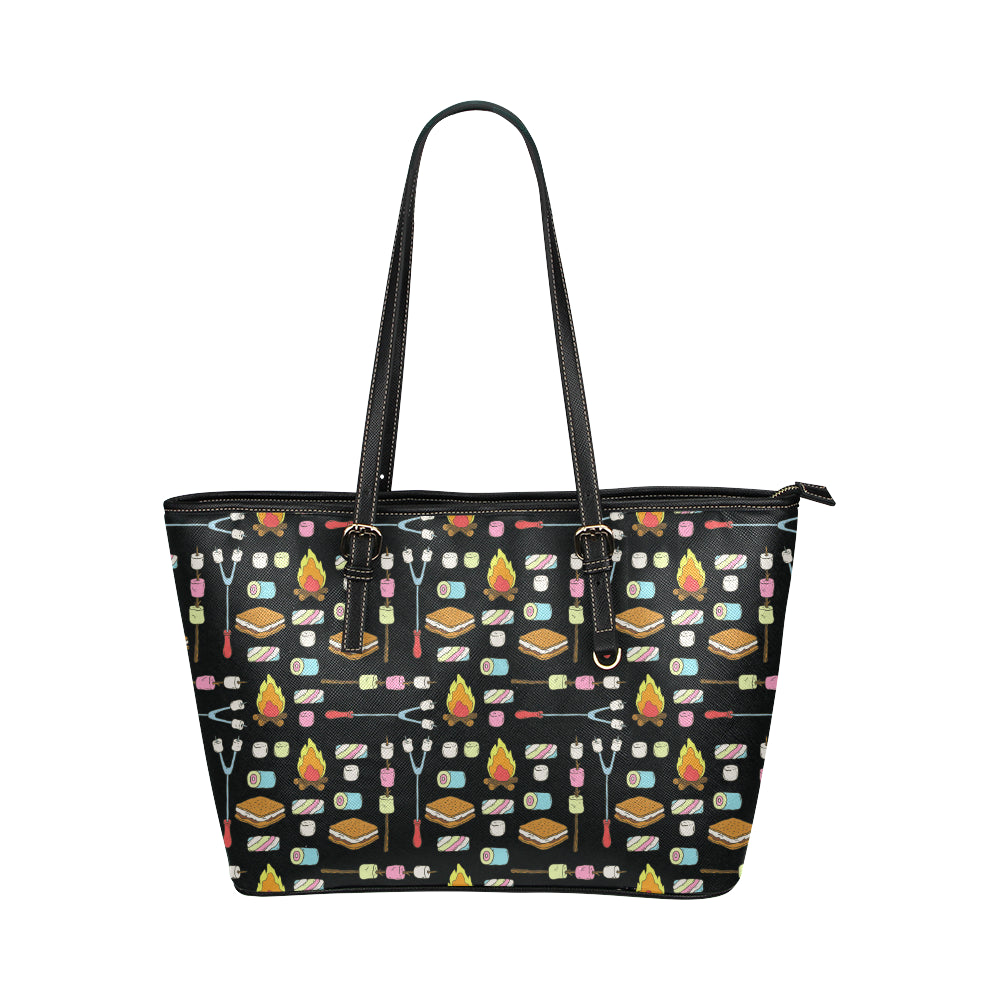 Camping Campfire Marshmallows Leather Tote Bag