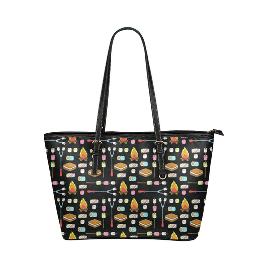 Camping Campfire Marshmallows Leather Tote Bag