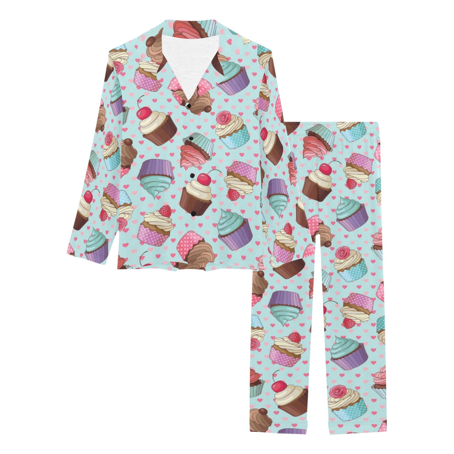 Cupcakes Fancy Heart Print Pattern Women's Long Pajama Set