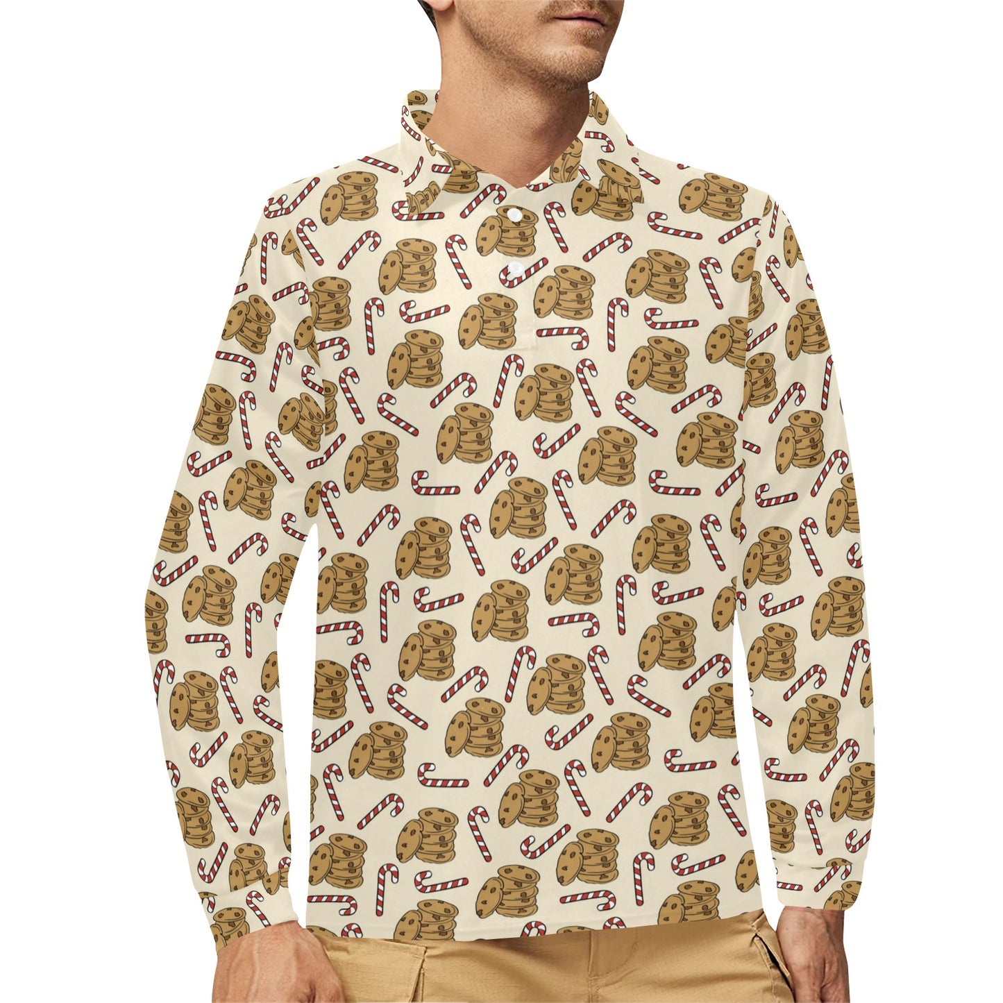 Cookie Pattern Print Design 04 Long Sleeve Polo Shirt For Men's