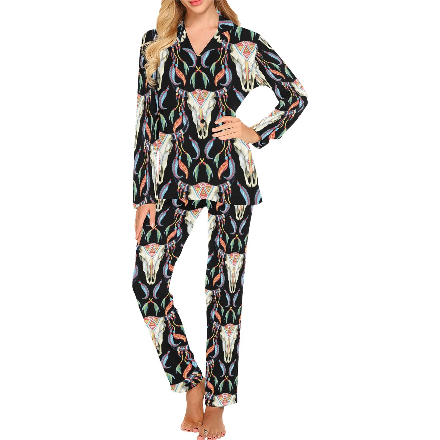 Buffalo Head Boho Style Pattern Print Design 01 Women's Long Pajama Set