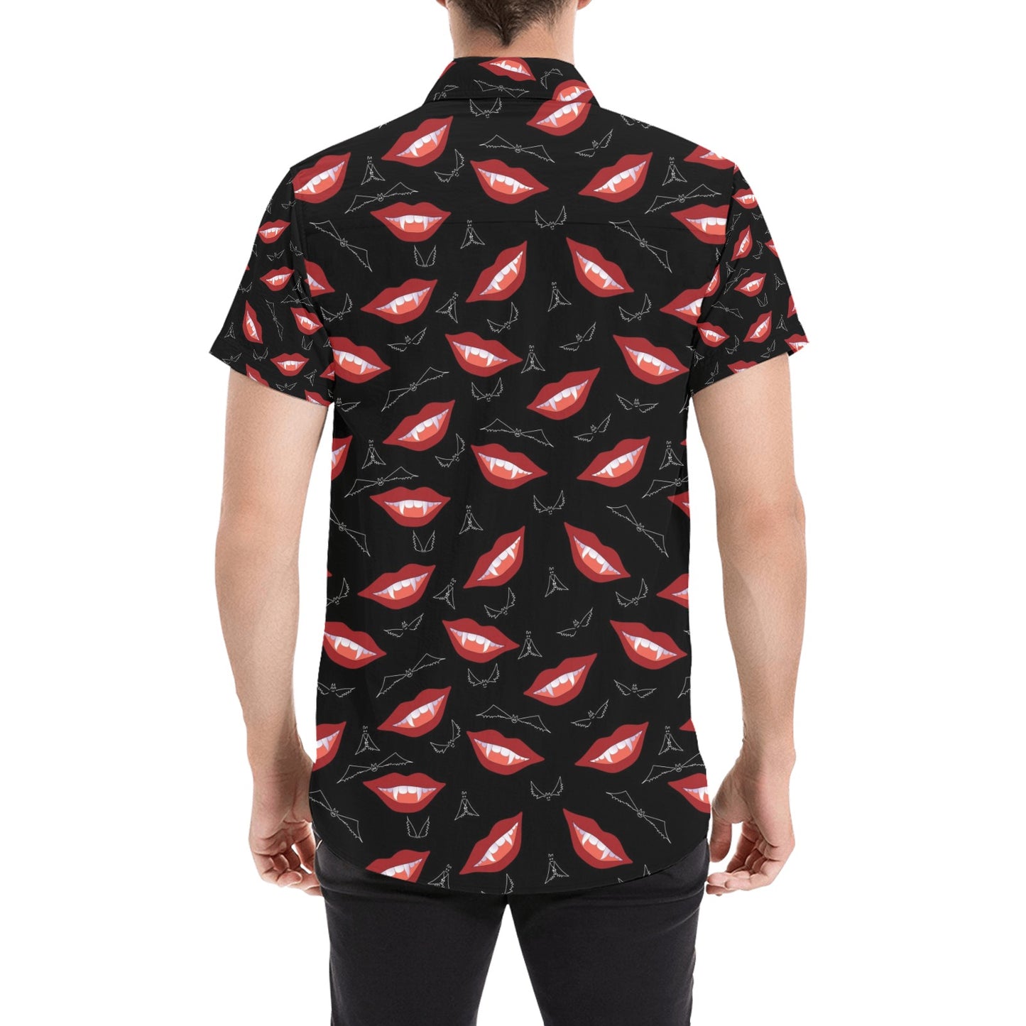 Vampire Lips Print Design LKS301 Men Short Sleeve Button Up Shirt