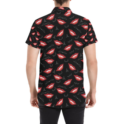 Vampire Lips Print Design LKS301 Men Short Sleeve Button Up Shirt