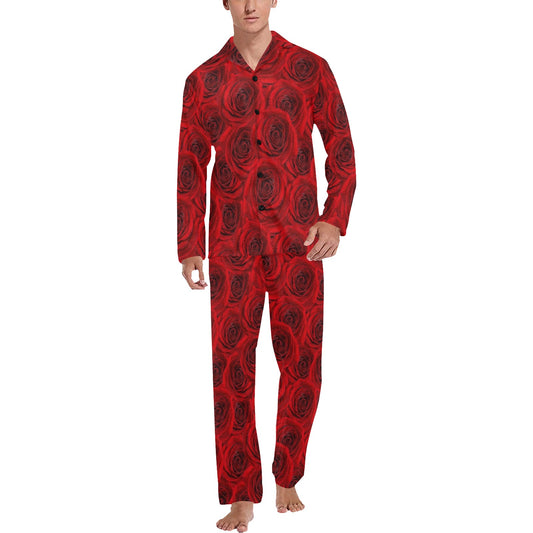Rose Red Pattern Print Design RO04 Men's Long Pajama Set