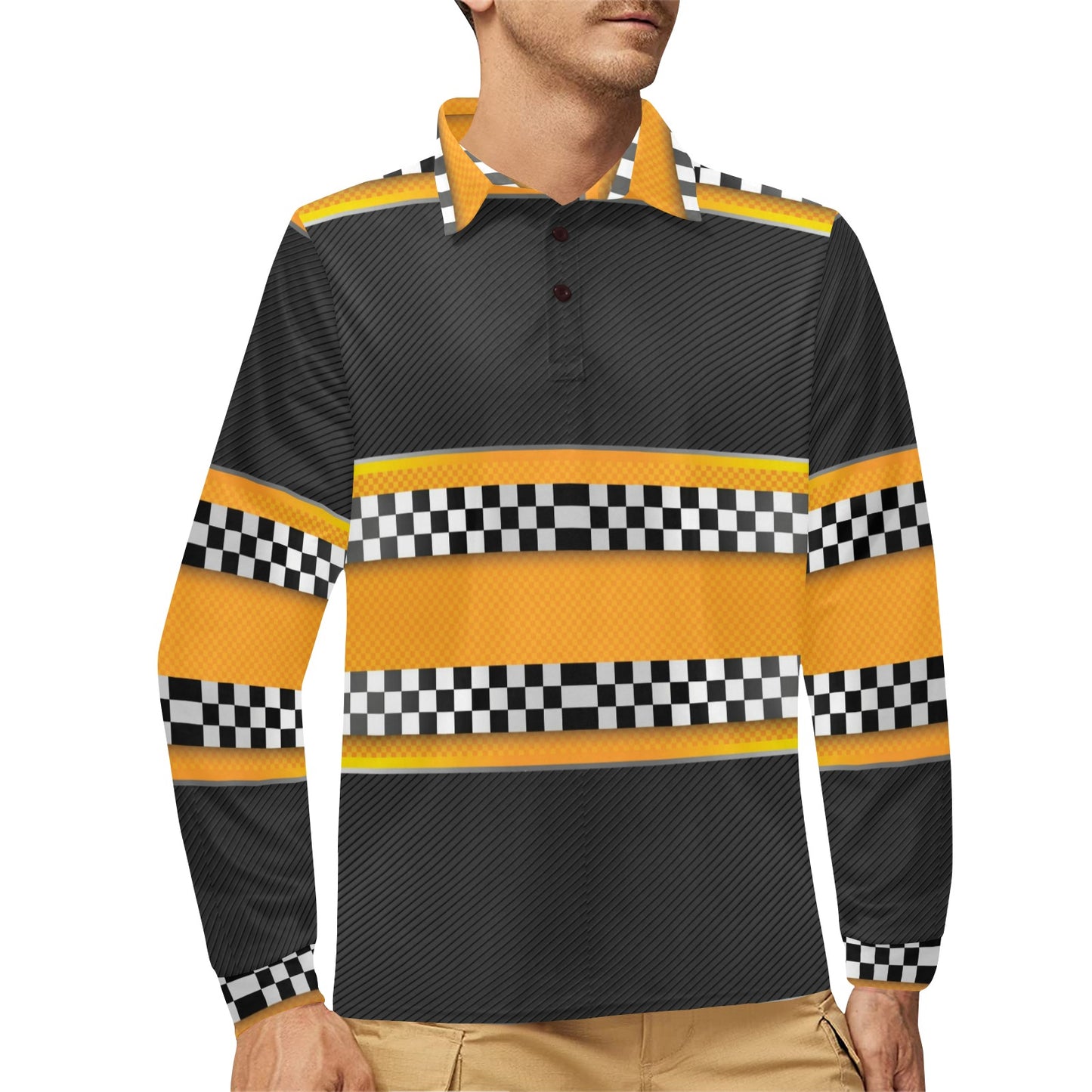 Checkered Pattern Print Design 01 Long Sleeve Polo Shirt For Men's