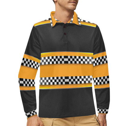 Checkered Pattern Print Design 01 Long Sleeve Polo Shirt For Men's