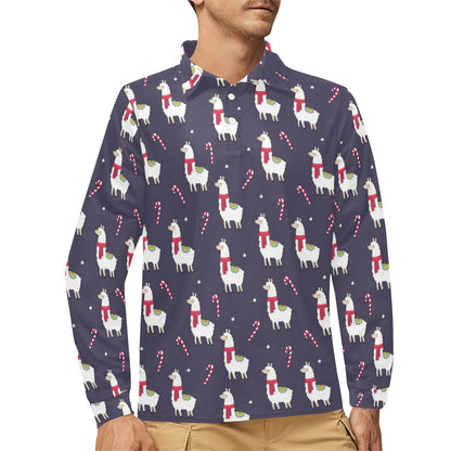 Llama with Candy Cane Themed Print Long Sleeve Polo Shirt For Men's