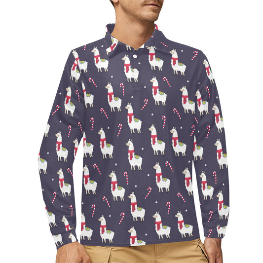Llama with Candy Cane Themed Print Long Sleeve Polo Shirt For Men's