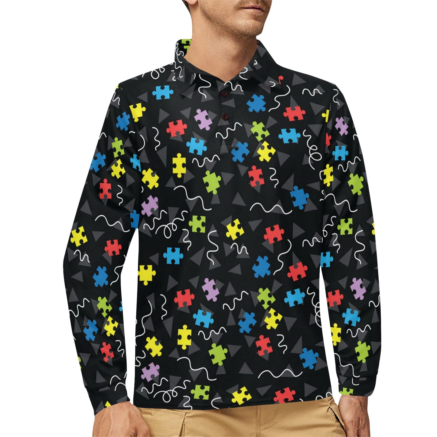 Autism Awareness Pattern Print Design 01 Long Sleeve Polo Shirt For Men's