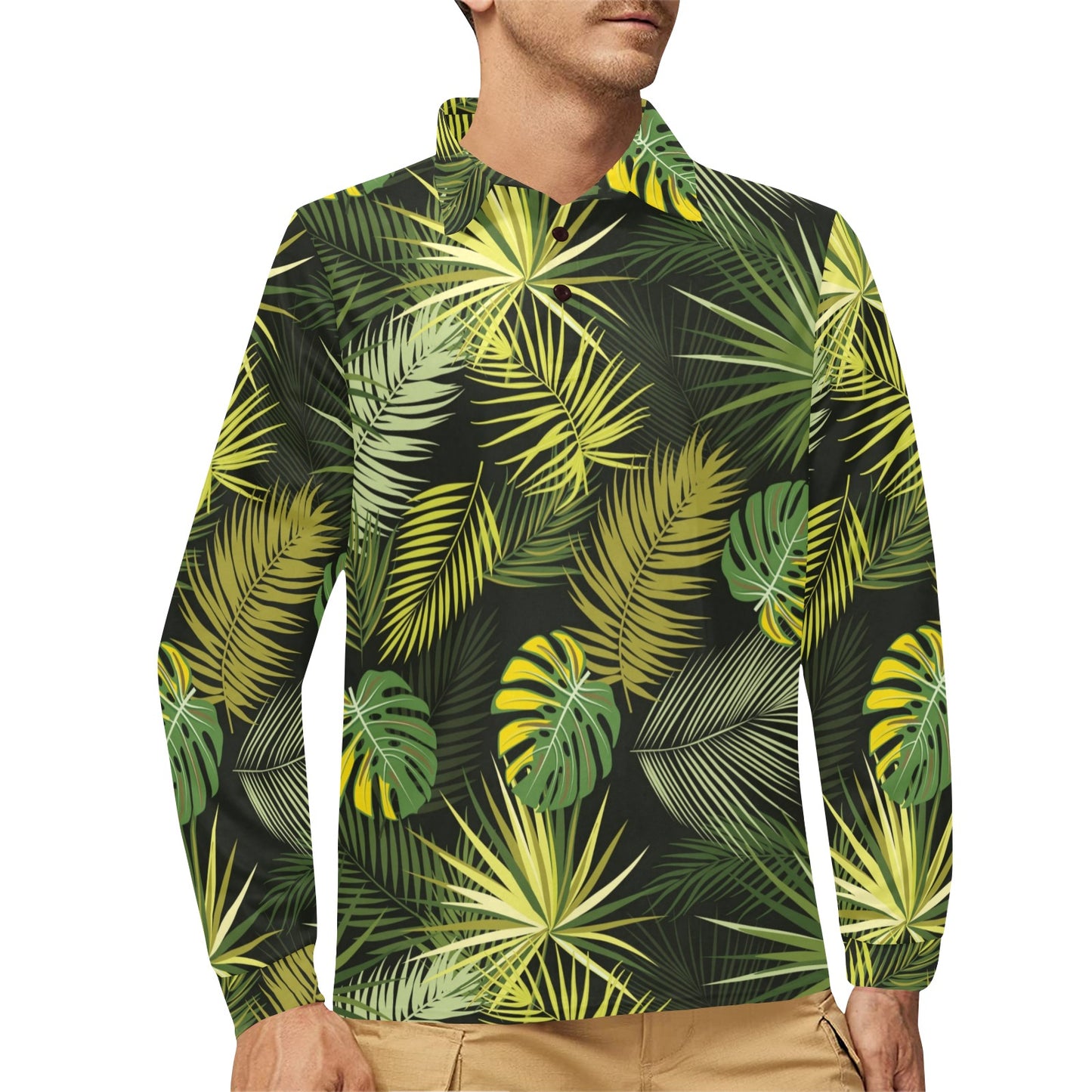Palm Leaf Pattern Print Design A05 Long Sleeve Polo Shirt For Men's