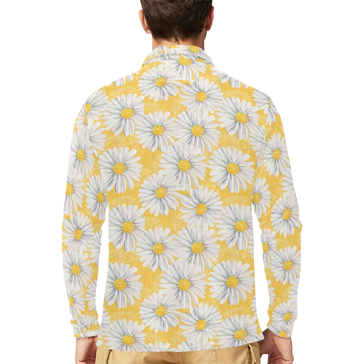 Daisy Yellow Watercolor Print Pattern Long Sleeve Polo Shirt For Men's