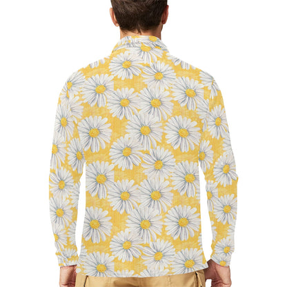 Daisy Yellow Watercolor Print Pattern Long Sleeve Polo Shirt For Men's