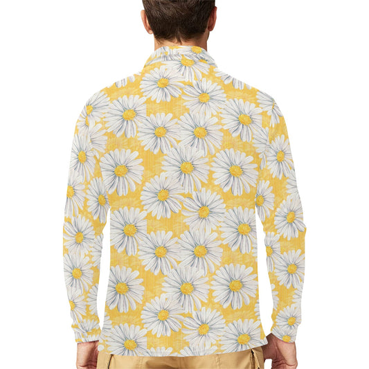 Daisy Yellow Watercolor Print Pattern Long Sleeve Polo Shirt For Men's