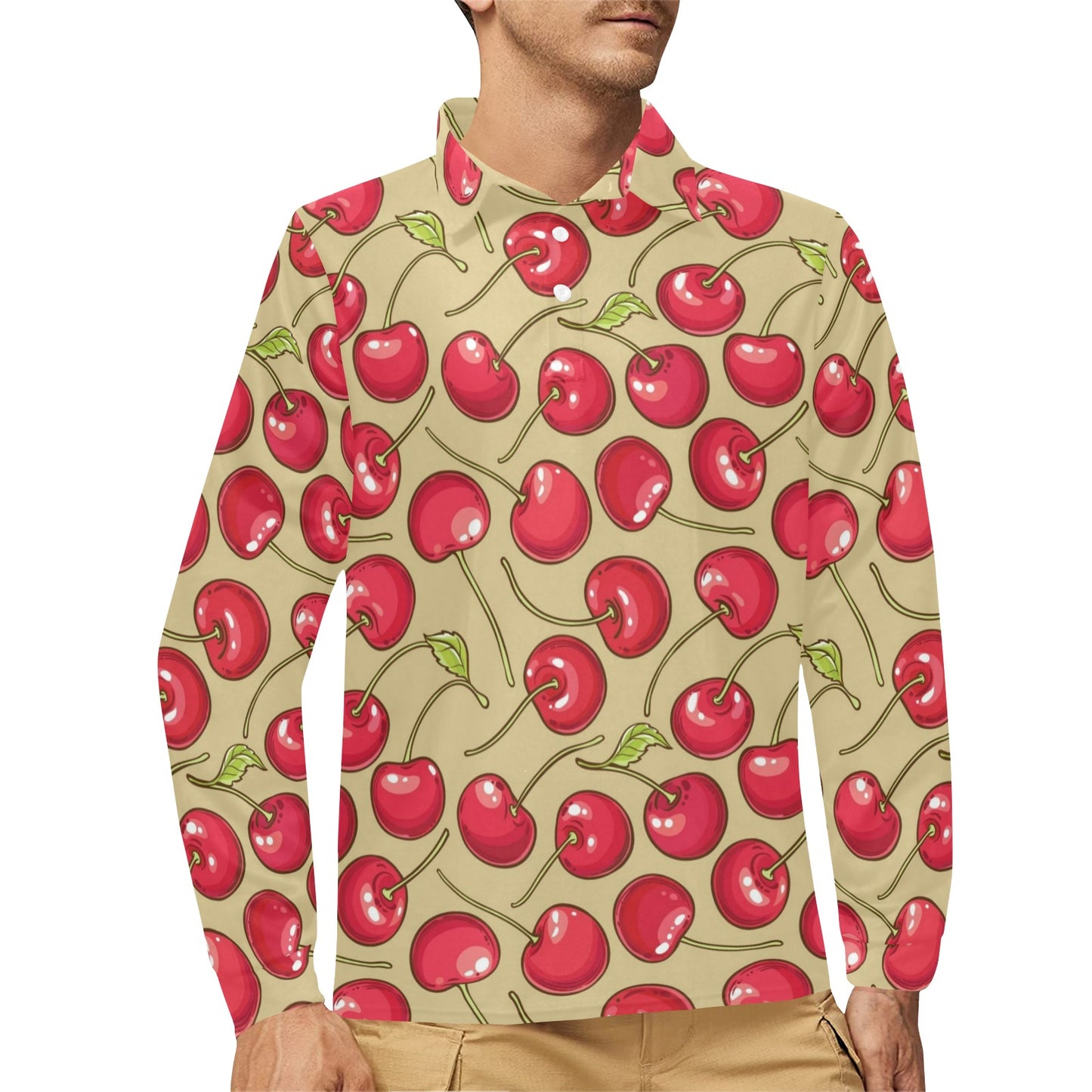 Cherry Pattern Print Design CH05 Long Sleeve Polo Shirt For Men's