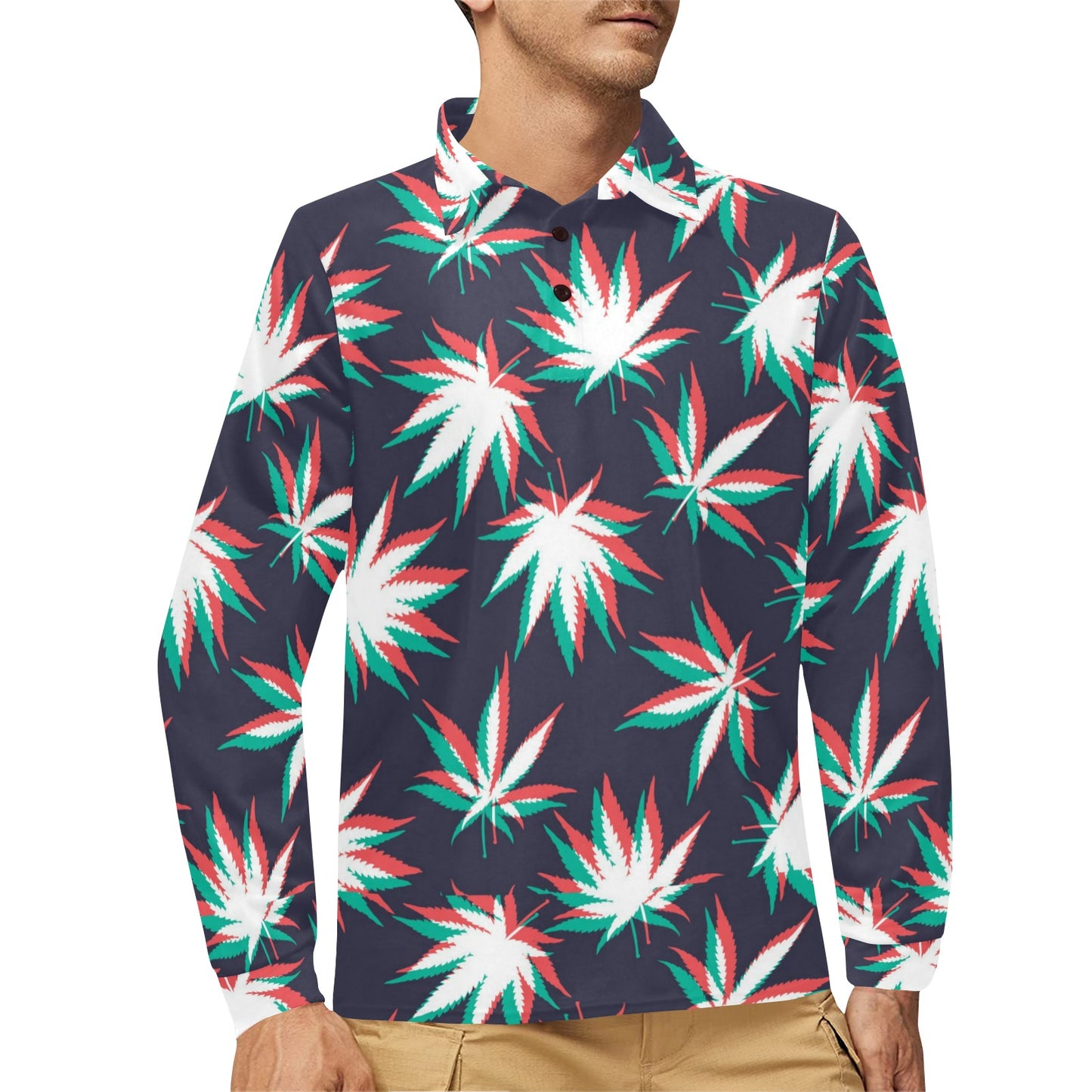 Pot Leaf Pattern Print Design A01 Long Sleeve Polo Shirt For Men's
