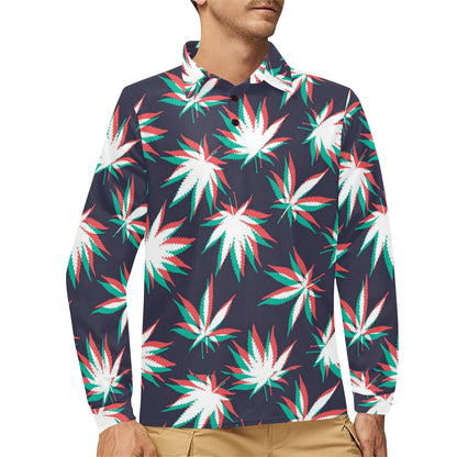 Pot Leaf Pattern Print Design A01 Long Sleeve Polo Shirt For Men's