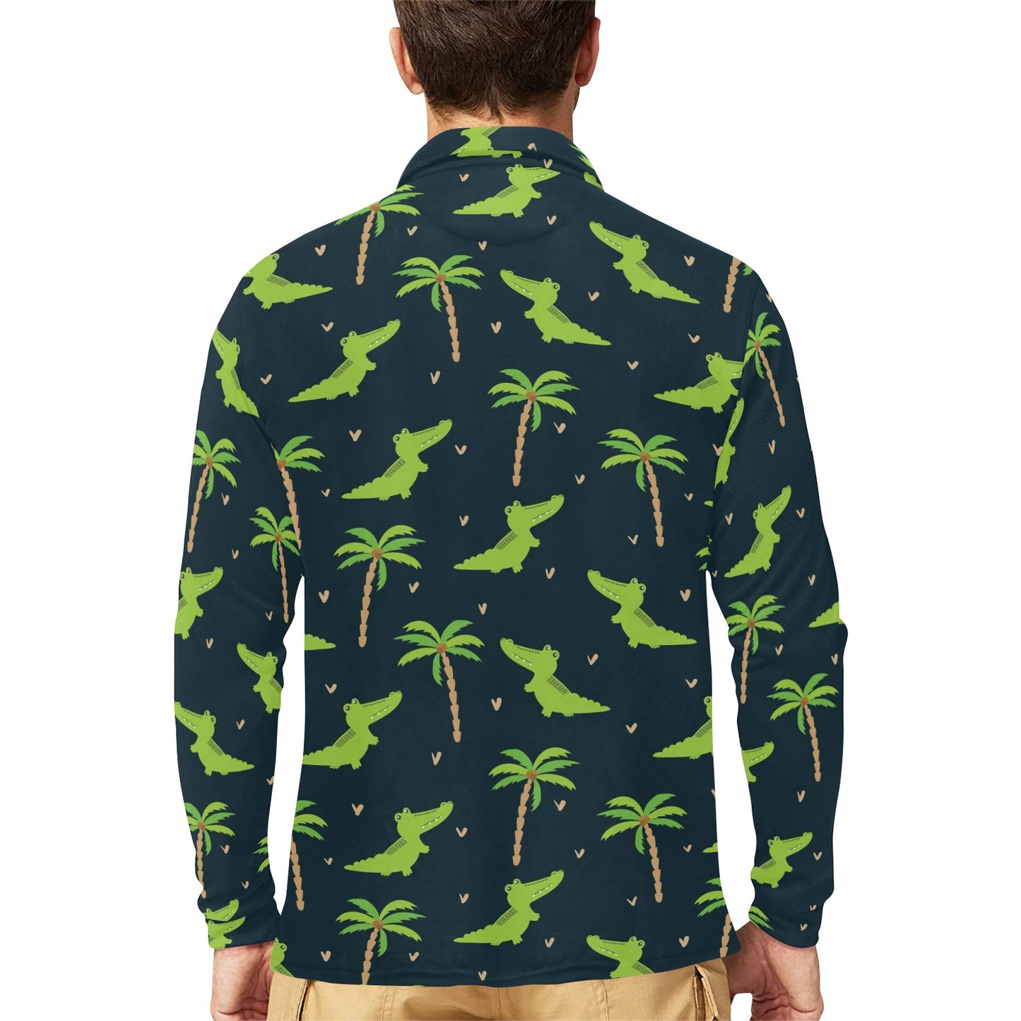 Alligator Pattern Print Design 02 Long Sleeve Polo Shirt For Men's