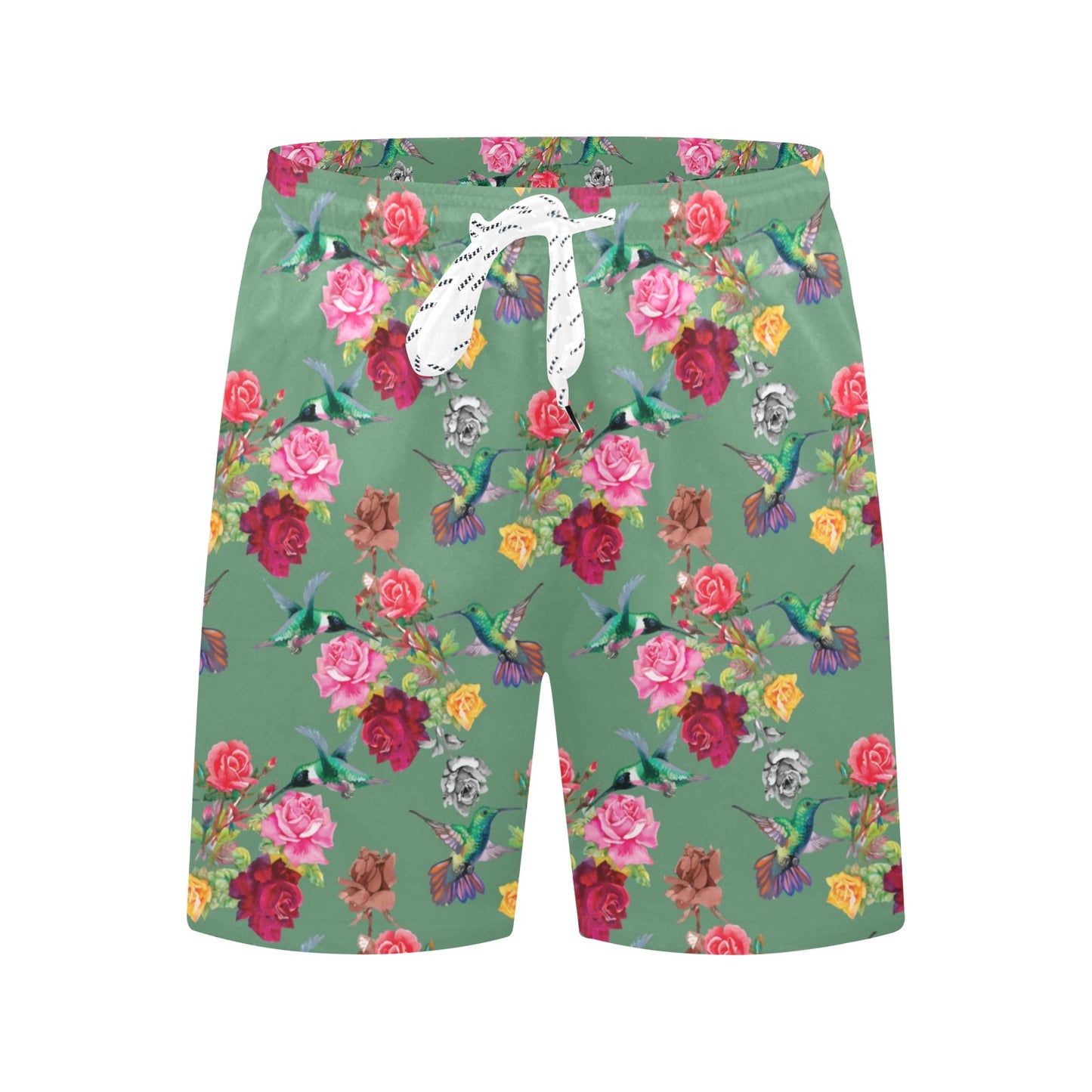 Hummingbird with Rose Themed Print Men's Swim Trunks Beach Shorts