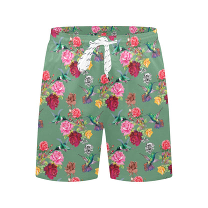 Hummingbird with Rose Themed Print Men's Swim Trunks Beach Shorts