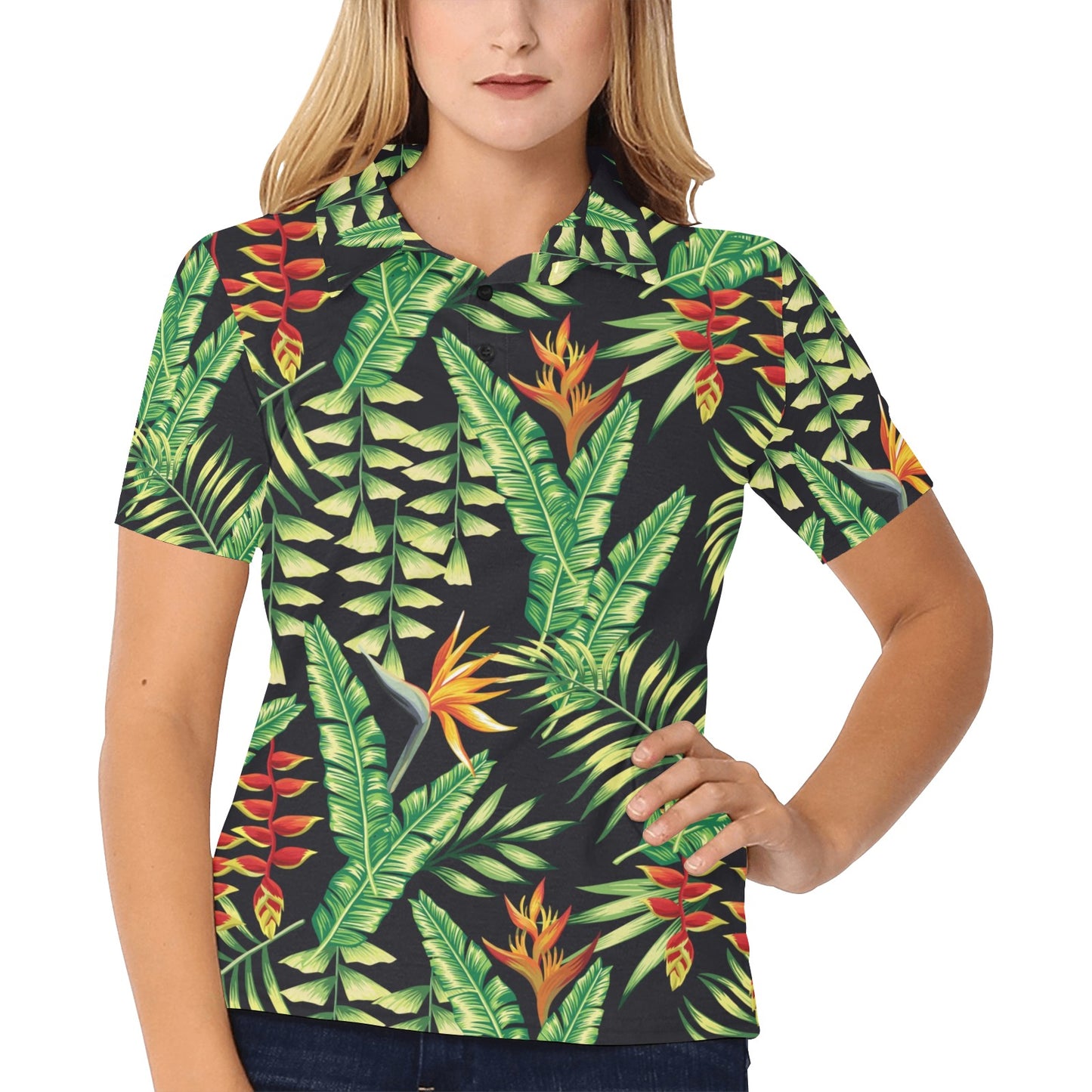 Hawaiian Flower Tropical Palm Leaves Women's Polo Shirt